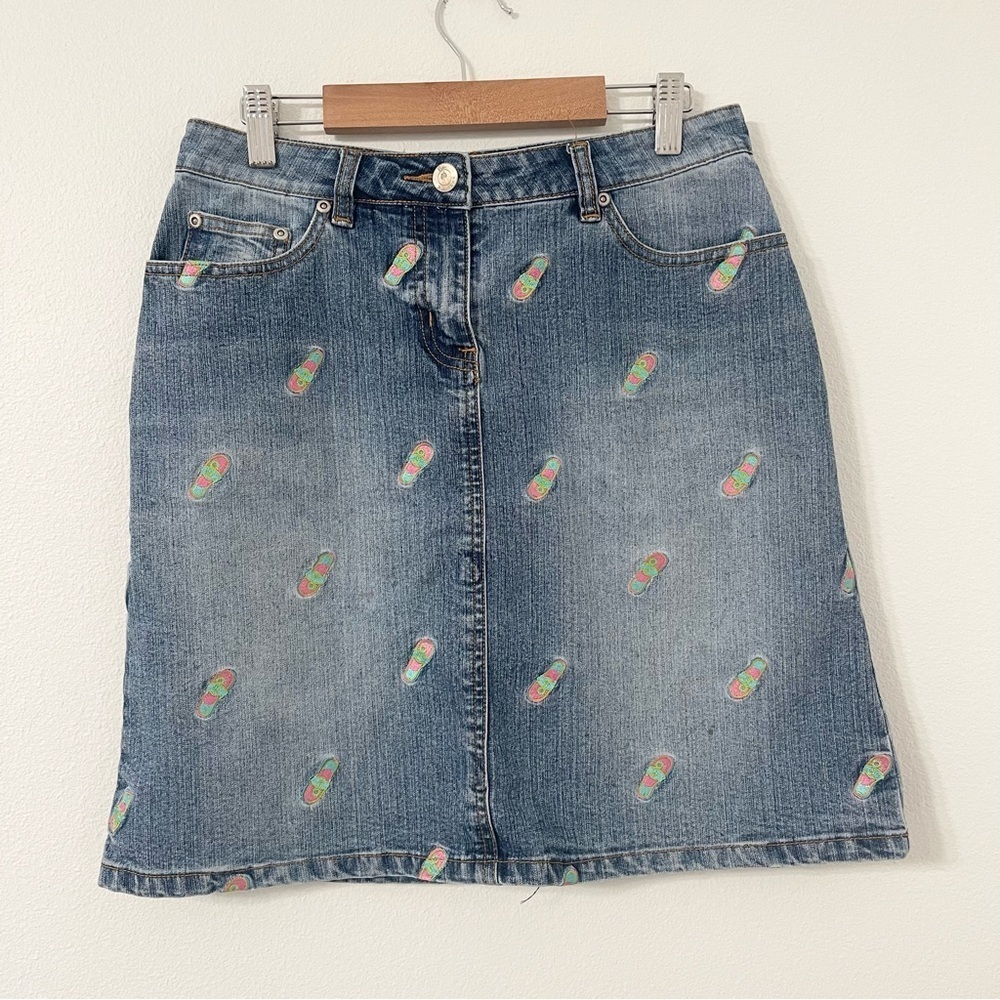 Lilly Pulitzer White Tag Embroidered Flip Flop Denim Skirt. Size 0